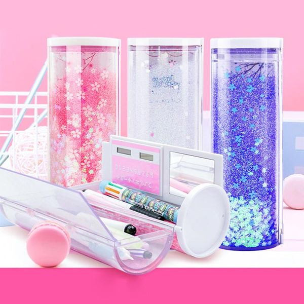 

pencil bags quicksand translucent creative multifunction cylindrical box case 2021 school stationery pen holder pink blue calculator