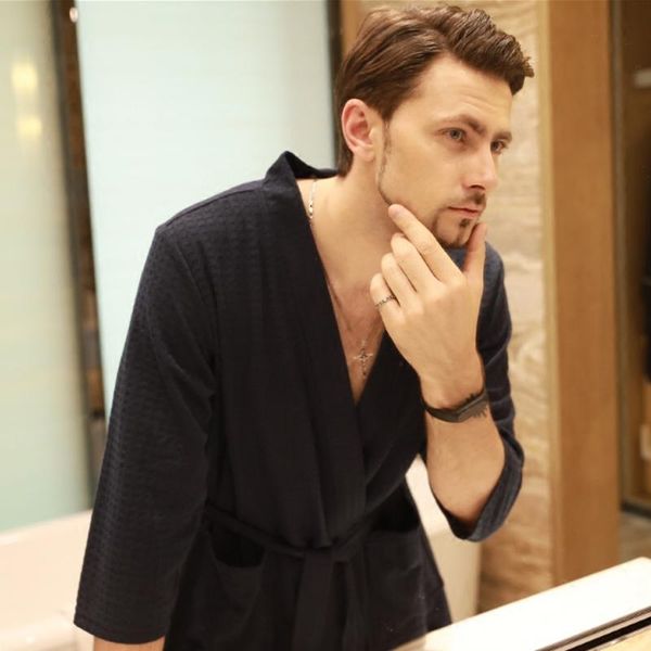 

men's sleepwear autumn spring men robe gown casual waffle kimono bathrobe male daily spa home clothes three quarter sleeve, Black;brown