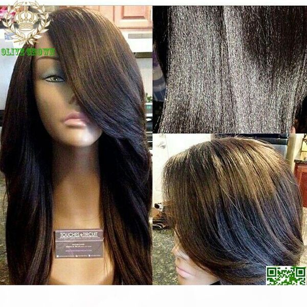 

brazilian yaki straight full lace human hair wigs italian light yaki straight lace front wig with side bangs with baby hair, Black;brown