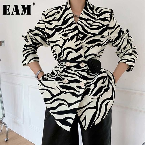 

[eam] women zebra pattern big size blazer lapel long sleeve loose fit jacket fashion spring autumn 1db329 210930, White;black