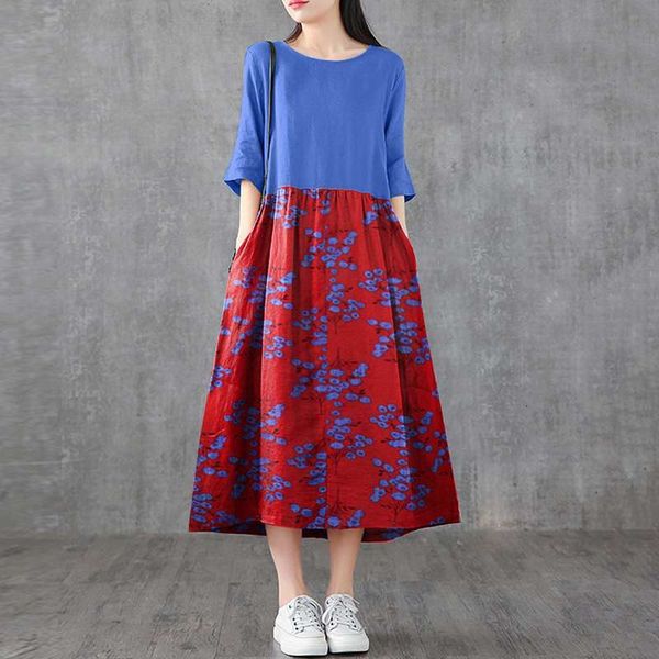 

2021 new zanzea floral print midi vestidos ladies fashion patchwork robe casual cotton short sleeves sun womens summer vintage d7xg, Black;gray