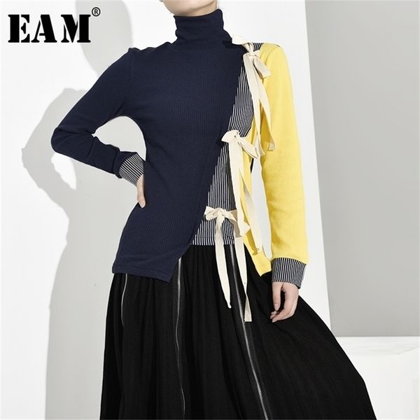 

eam] bandage contrast color knitting sweater loose fit hgih collar long sleeve women new fashion tide spring autumn jl9010 201221, White;black