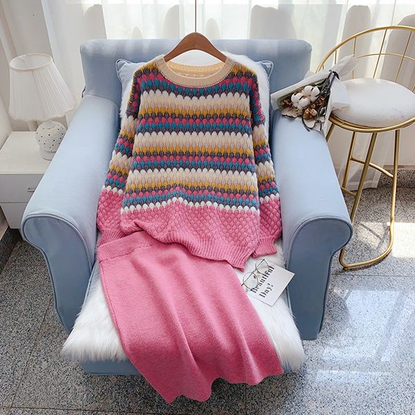 

two piece dress autumn women's knitted suit sweater skirt women loose pullover lazy two-piece 81m2, White