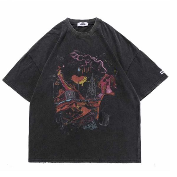 

men's t-shirts hip hop oversized washed t-shirt streetwear harajuku torn pattern print 2021 spring/summer short sleeve, White;black