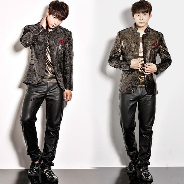 

male costumes bar nightclub party sequin jacket dress stage performance blazer fashion slim mens coat singer dancer show prom, Black;red