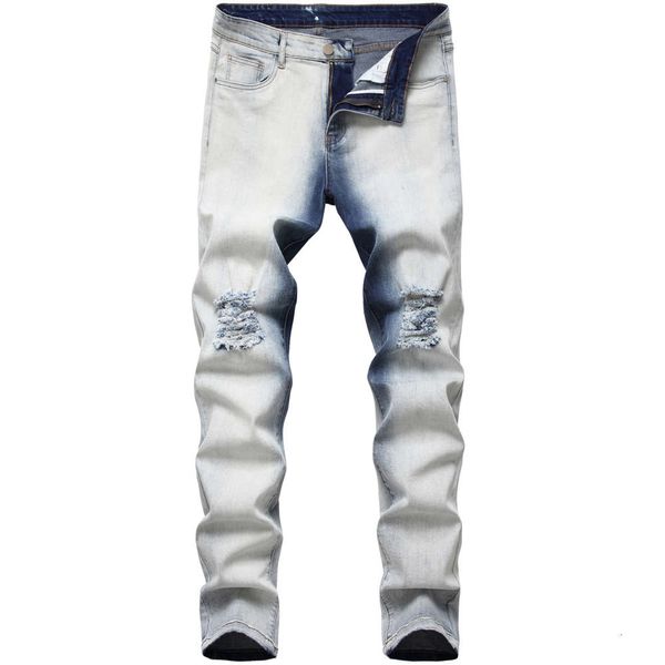 

unique mens gradient ripped jeans fashion hole straight washed motocycle destroyed denim pants hip hop biker trousers qkn1500, Blue