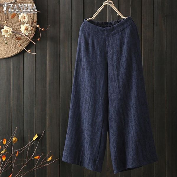 

kaftan linen wide leg trousers women capris zanzea vintage elastic high waist woman pantalon oversized pantalones mujer, Black;white