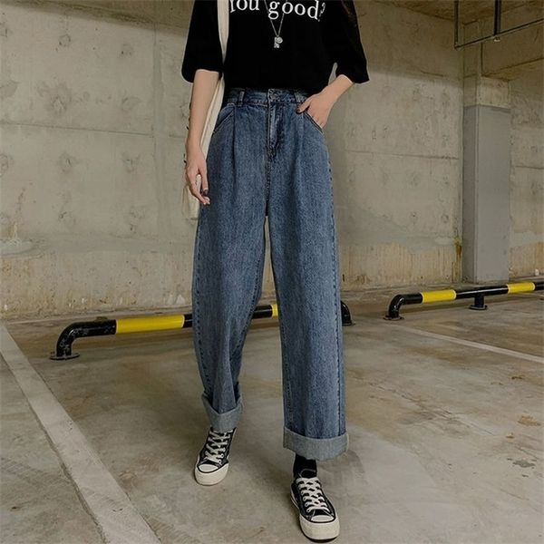 

jeans women bf style retro high waist leisure denim teens wide leg trousers basic college chic popular all-match fall femme jean, Blue