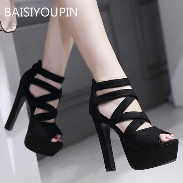 

dress shoes women sandals flock peep toe platform openwork bar catwalk thick 13.5cm high heel nightclub female, Black