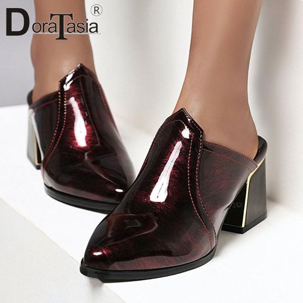 

dress shoes doratasia ladies elegant high hoof heels mules casual slip-on heeled pumps women fashion patent pu summer woman, Black