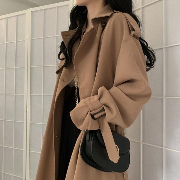 

evemri wind coats retro mid long knee style windbreaker coat women's korean autumn long sleeve loose casual cardigan coat, Tan;black