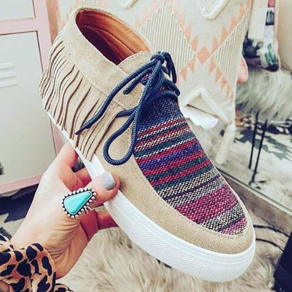 

boots tassel ankle colorful lace-up women shoes vintage flat short botas mujer 2021 female autumn footwear canvas ladies, Black