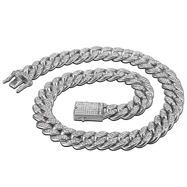 

12mm 316l stainless steel cz stone paved bling iced out round cuban chain chokers necklaces men hip hop rapper jewelry, Silver