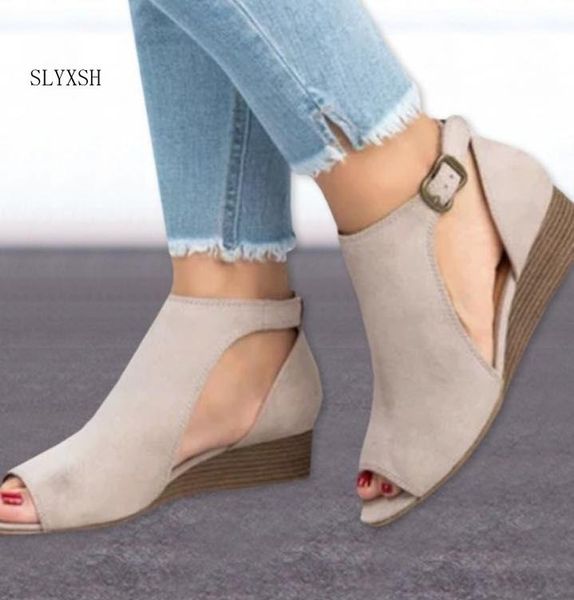 

dress shoes slyxsh summer woman platform sandals women soft leather casual peep toe gladiator wedges size 35-43, Black