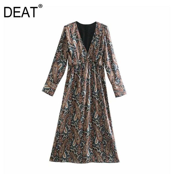 

deat] women dress new v-neck high waist knee-length long sleeve printing a-line loose fashion tide spring autumn 2021 13a932, Black;gray