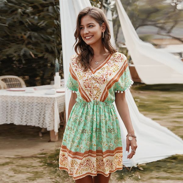 

new 2021 vintage summer women bohemian high waist a-line ladies v-neck short sleeve floral print female es ddun, Black;gray