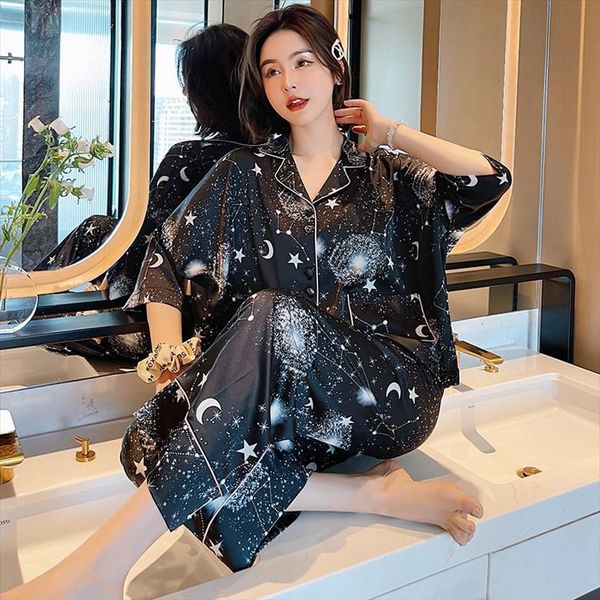 

pajamas set fantasy universe stars womens sleepwears and moon silk like nightie loose leisure home clothes nightwear, Black;red