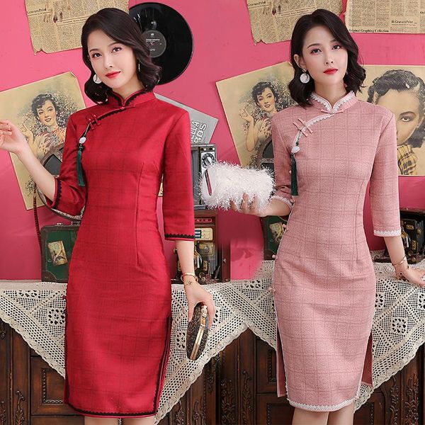 

ethnic clothing suede qipao vintage button mandarin collar sheath cheongsam plus size 3xl party prom dress gown elegant vest, Red