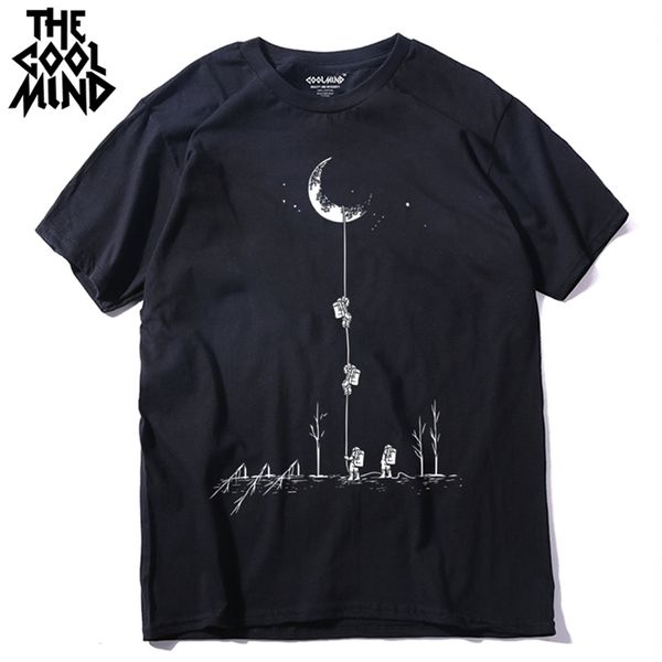 Coolmind Mo0120a ​​Algodão Casual Manga Curta Lua Theam Homens T Shirt O-Pescoço De Malha Confortável Tecido De Rua Estilo T-shirt 210716