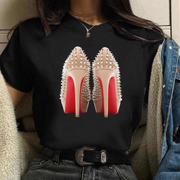 

women's t-shirt female clothes womens black summer fashion leopard high heel short sleeve print ladies graphic, White