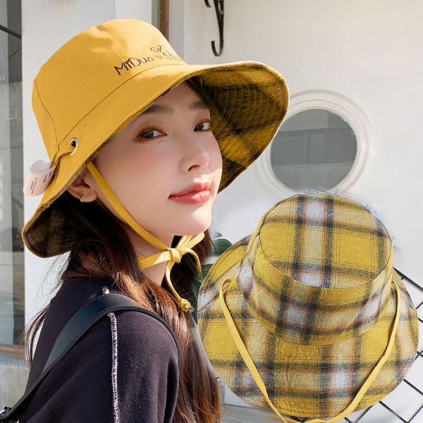 

lattice double-sided wear letters draw rope fisherman hats female sunshade big eaves hat korean version 2021 new sunscreen sun hat, Blue;gray