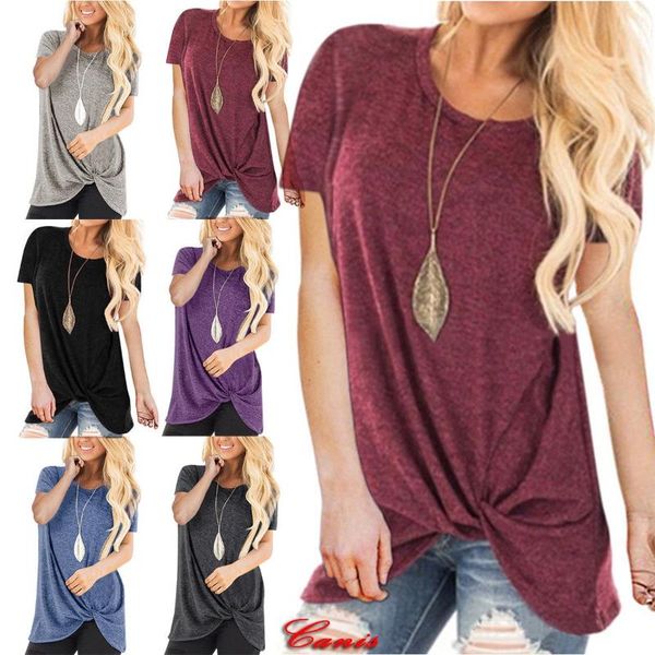 

women's blouses & shirts 2021 style fashion women solid short sleeve blouse summer casual loose knot pullover, White