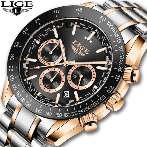 

lige 2021 new men watches brand luxury stainless steel quartz watch men waterproof sport chronograph relogio masculino+box, Silver