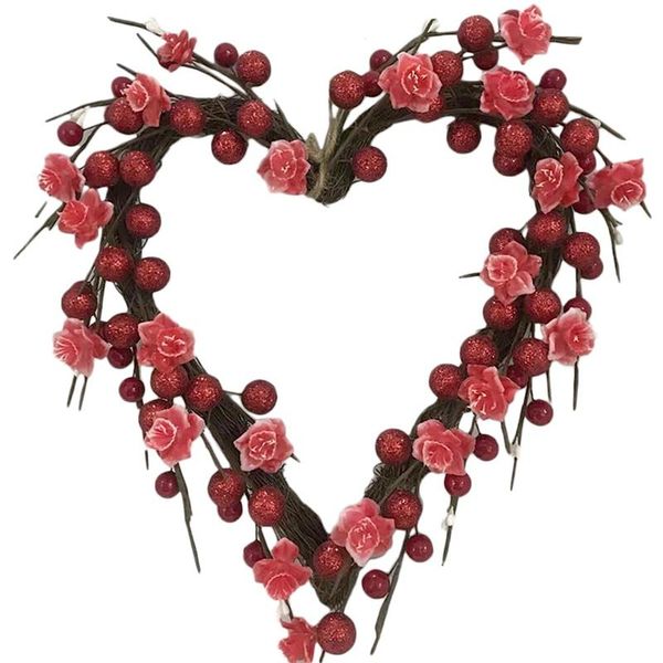 

artificial valentine heart-shaped wreath with red roses for front door wall window wedding party farmhouse home decor
