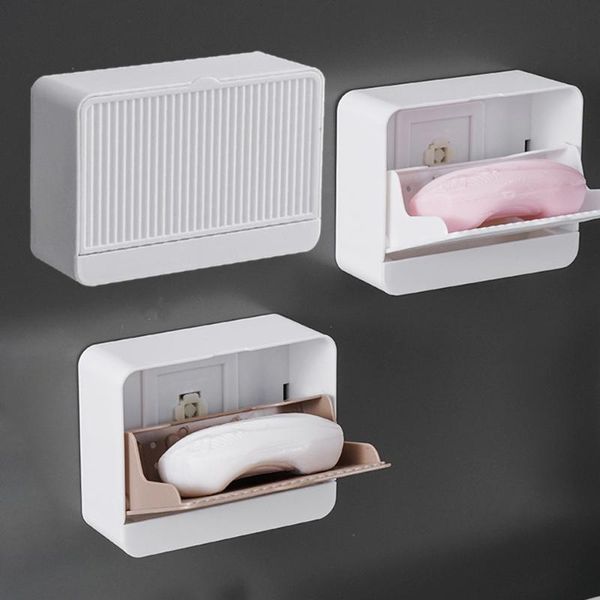 

storage boxes & bins creative wall mounted soap box with lid double grids draining rack bathroom holder non-perforated wall-mounted shelf