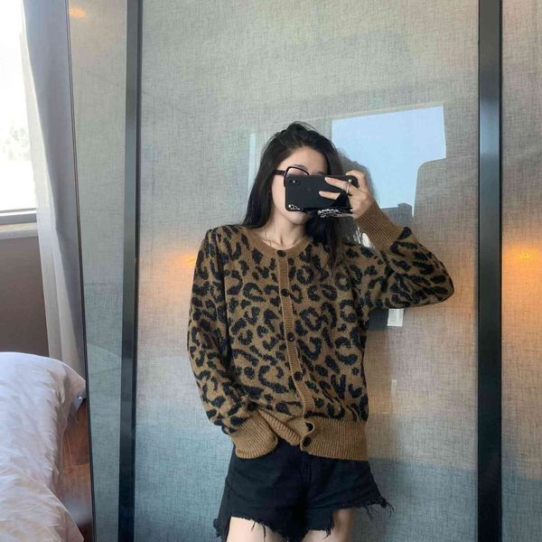 

8236d leopard cardigan wool mohair korean loose coat round neck sweater women's wear, White