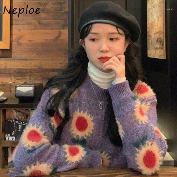 

neploe print floral o-neck casual women sweater soft all-match femme pullover 2021 retro autumn winter long sleeve women's sweaters, White;black
