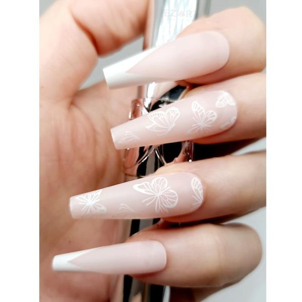 

false nails design wedding celebration artificial tips press on detachable ballerina coffin pink white long drop 30pc/set, Red;gold