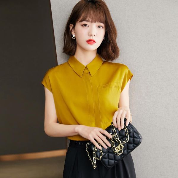 

women's blouses & shirts 2021 summer lapel sleeveless silk straight tube solid single breasted shirt[1-1203#], White