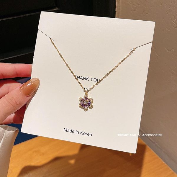 

pendant necklaces vintage purple zircon flower necklace for women fashion metal titanium steel choker girls jewelry gift, Silver