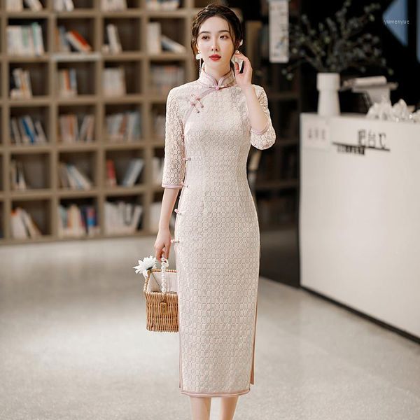 

casual dresses high split chinese vintage cheongsam slim chenille long qipao 3/4 sleeve dress mandarin collar gown 4xl vestidos, Black;gray
