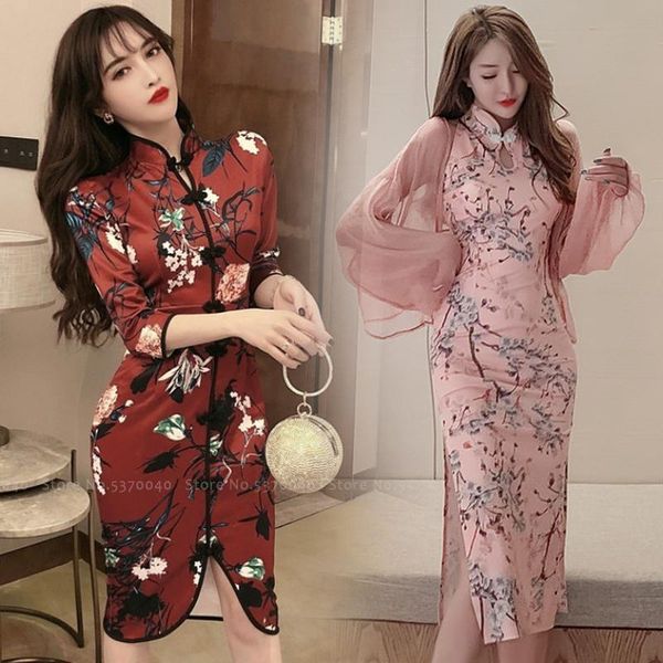 

ethnic clothing women elegant formal dress print improved cheongsam traditional chinese style retro qipao carnival banquet party costum, Red