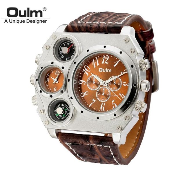 

wristwatches oulm sports watches super big style quartz watch male dual time zone decorative thermometer compass pu men's wristwatch, Slivery;brown