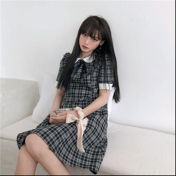 

2021 summer sailor collar short sleeve lace vintage harajuku preppy style mori girl dresses sweet kawaii plaid black woman, Black;gray