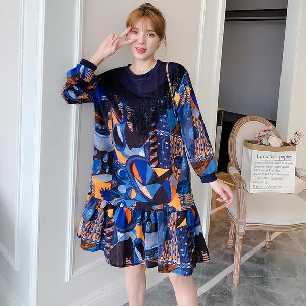 

2900# maternity clothes spring autumn long sleeves slim o neck printing loose stylish dress pregnant women mom dress, White