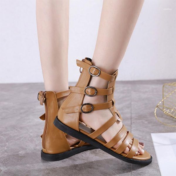 

sandals 2021 women summer leather metal buckle shoes woman roman flat ladies zipper pu female beach comfortbale footwear11, Black