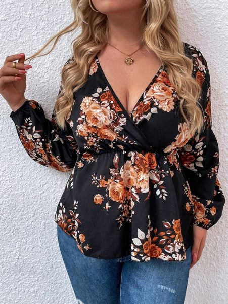 

plus floral print lantern sleeve peplum blouse d8gb#, Black