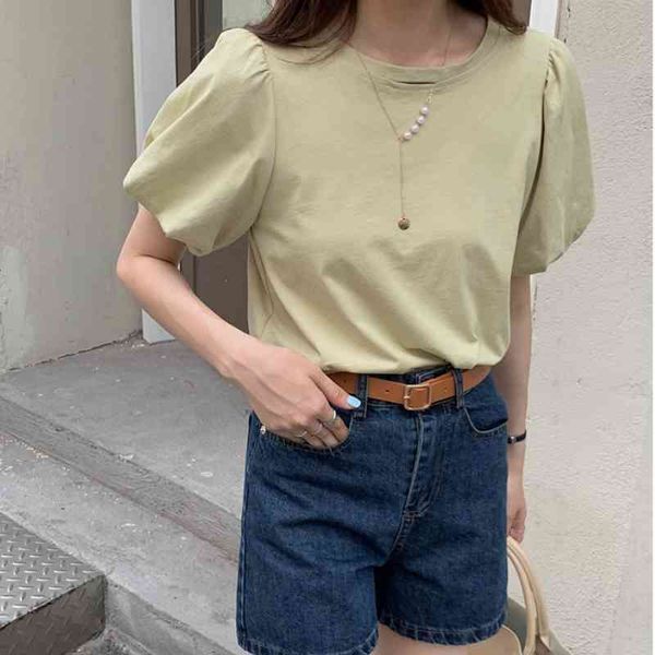 

mozuleva summer women puff sleeve t-shirts solid brief chic girls fashion o-neck cotton t shirt all match tees 210706, White