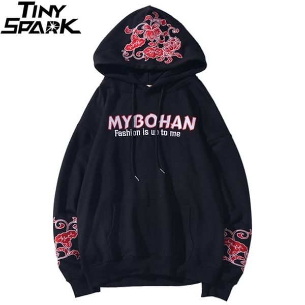 Homens Hip Hop Moletom Com Capuz Japonesa Gueixa Harajuku Streetwear Bordado Flor Bordado Pullover Algodão Outono Japão Estilo LJ201222