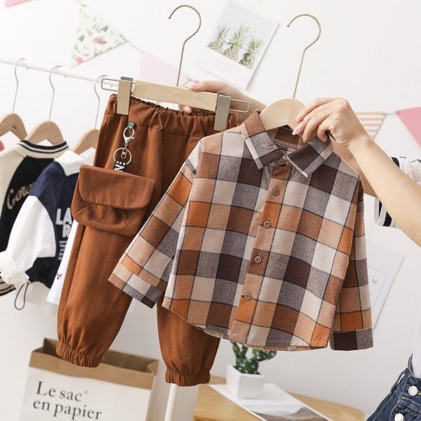 

clothing sets spring autumn baby kids clothes 2pcs children cotton toddler plaid lapel shirt+pants for boys outfit, White