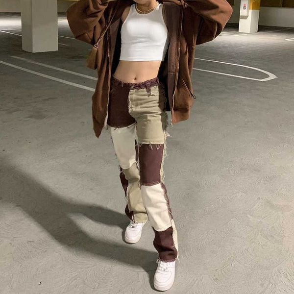 

rapwriter brown straight jeans for girls fashion patched women vintage denim pants high waisted trouser harajuku s 210927, Blue