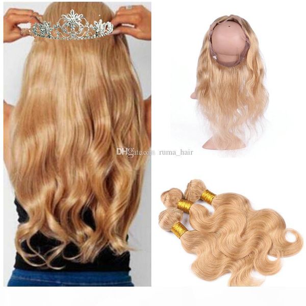 

360 lace frontal with body wave human hair 3 bundles #27 honey blonde hair extensions with pre plucked 360 lace frontal 22.5x4x2, Black;brown
