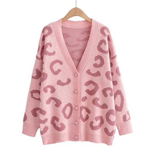 

women's knits & tees casual v-neck leopard print loose knitted cardigan sweaters autumn vintage sweater oversized cardigancashmere, White