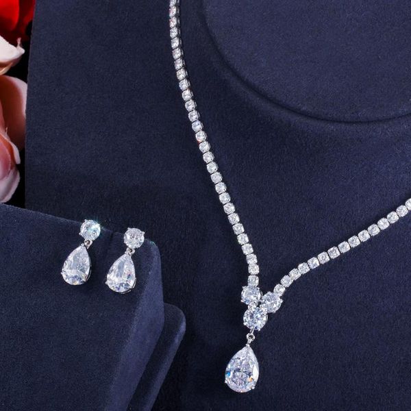 

earrings & necklace cwwzircons fashion cubic zirconia water drop pendant and bridal wedding jewelry sets for brides party t397, Silver