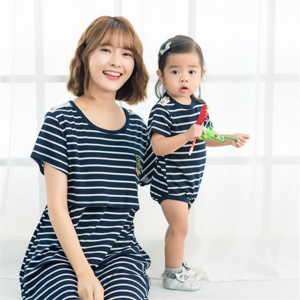 

maternity dresses 2021 summer baby rompers+ mom parent&child cloth set korean casual knee-length a-line striped dress white,blue color