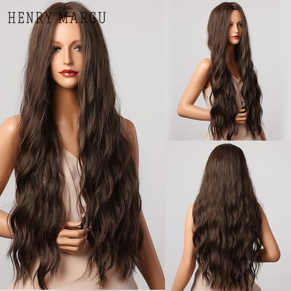 

henry margu dark brown synthetic wavy wigs long natural hair wigs for women afro cosplay daily party wigs heat resistant, Black